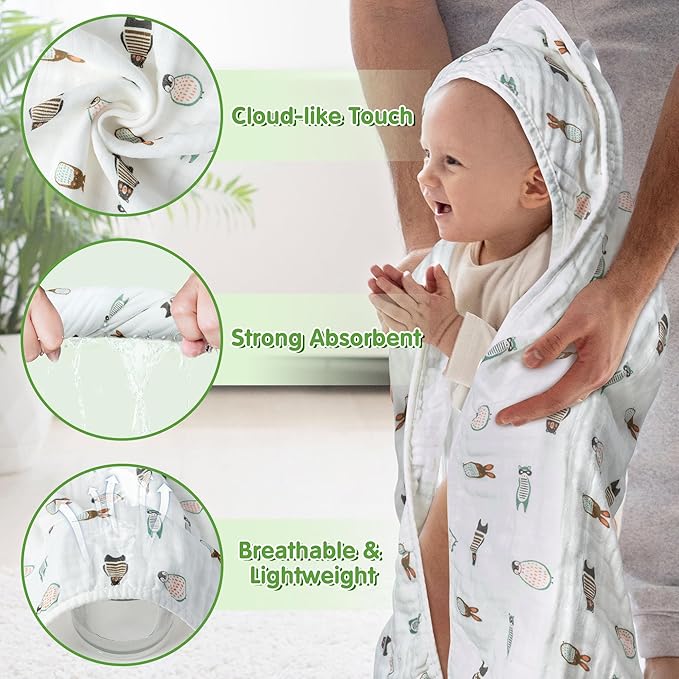 Zainpe 4Pcs Muslin Baby Hooded Towel & Washcloth Set Penguin 31.5 x 31.5 in