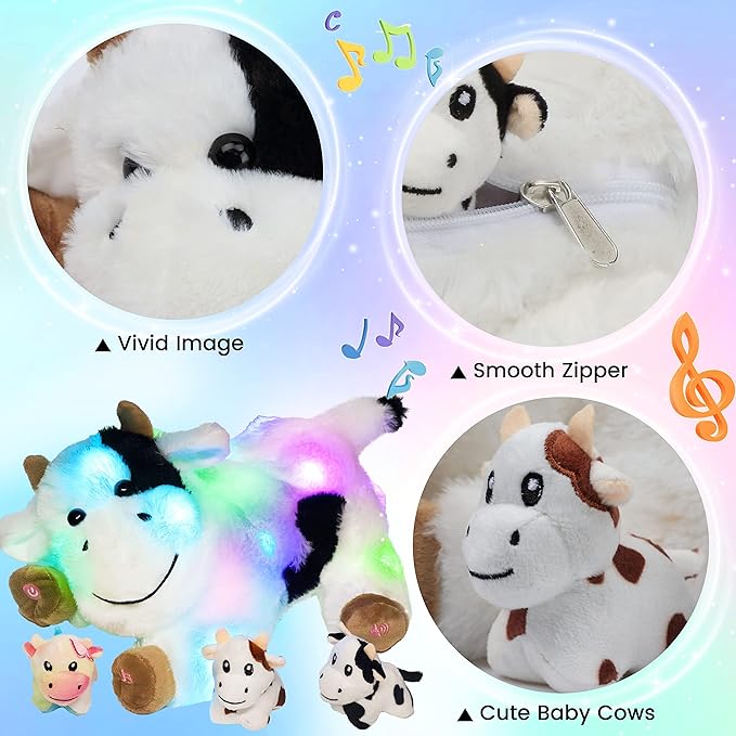 Hopearl LED Musical Stuffed Cow Lighting Up Singing Plush Toy 3 Baby 15''
