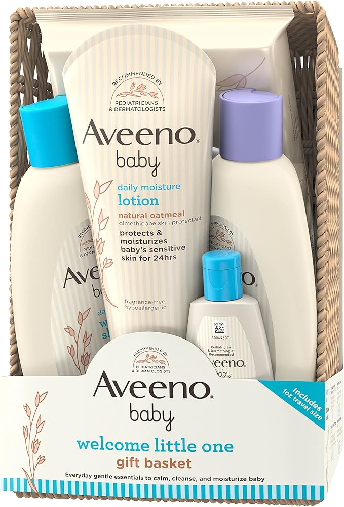 Aveeno Baby Welcome Little One Gift Basket, Baby Skincare Set with Baby Body Wash & Shampoo 5 Items