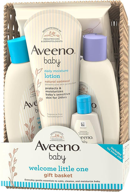 Aveeno Baby Welcome Little One Gift Basket, Baby Skincare Set with Baby Body Wash & Shampoo 5 Items