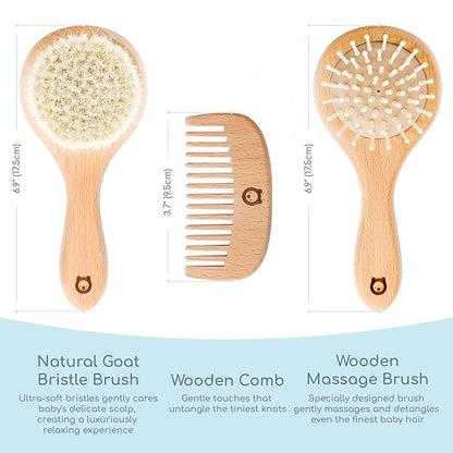 3 Piece Wooden Hair Brush Set for Newborns & Toddlers - Ultra Soft Natural Goat Hair and Wood Brushes in Chic Gift Box