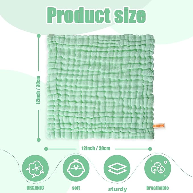 MUKIN Baby Washcloths - Natural Cotton Baby Wipes 10 Pack 12x12 inches