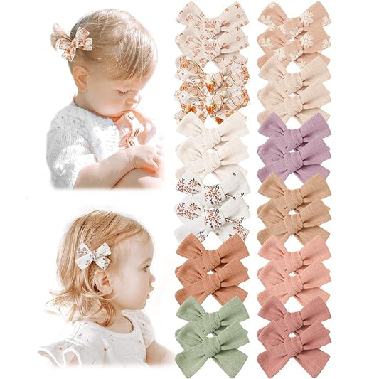 Niceye Baby Hair Clips - 24 Pcs Fully Lined Hair Bow Clips for Fine Hair Cotton Tiny Hair Barrettes for Infants, Toddlers