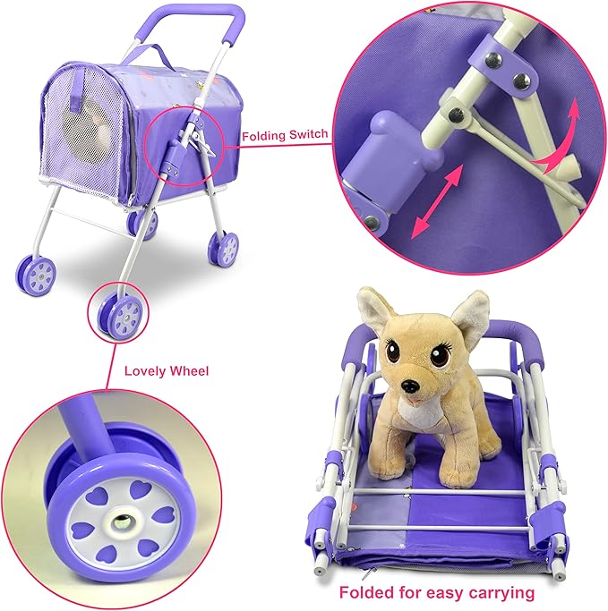 ANIVIA Pet Stroller and Accessories for Kids Ages 3 to 7 Year Olds, Dog Toy for Toddlers 2 Pieces 1 Pet