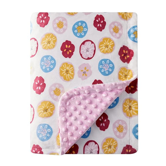 DaysU Silky Micro Soft Plush Baby Blankets for Girls with Print Floral Pattern and Soothing Raised Dots, Double Layer Bed Throws for Toddler Cot 50x60 Inches