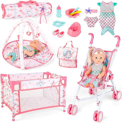 deAO Baby Doll Stroller Crib Bed Nursery Role Play Set Baby Doll Accessories and Play Mat,Travel Cot