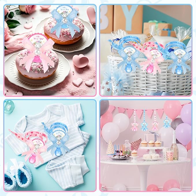 36 Pcs Baby Shower Pacifiers Necklace Girls Boys Elephant Acrylic Gender Reveal Baby Pacifiers for Baby Shower with Tags Decoration for Guests Gender Reveal Party Favors(Blue, Pink