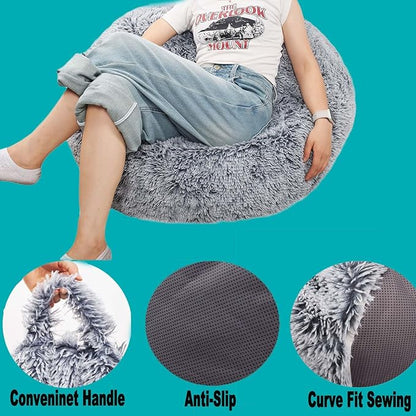 Fluffy Stuffed Animal Storage Bean Bag Chair Cover (No Filler), Faux Fur Comfy Bean Bag Cover for Organizing Plush Toys or Textile, for Adults Teens Kids Girls, Gray