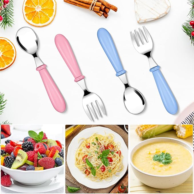 Honeydak 12 Pieces Toddler Utensils Kids Fork and Spoon Silverware Set colored Stainless Steel Safe Flatware Round Handle Utensils Baby Cutlery metal Children Home Restaurant Kitchen Dishwasher Safe
