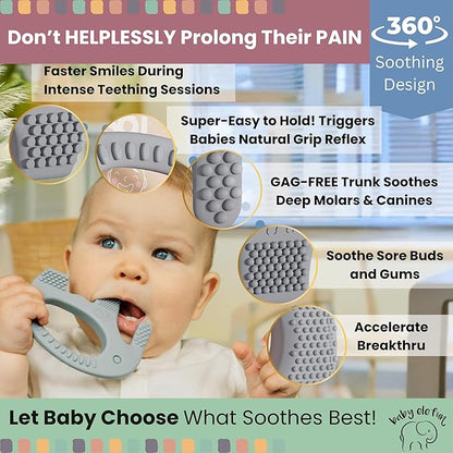 Teethers for Babies 6-12 Months - Baby Elefun 5x Pain Relief Toddler Teether. No More Ouch for Mom Anti Bite Trainer. Nurtures Grasping, Passing