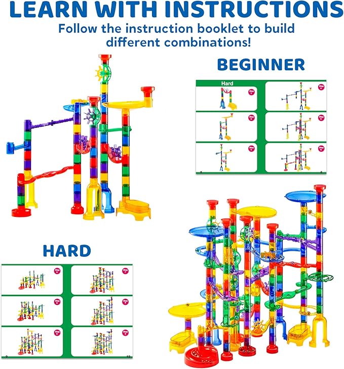 JOYIN 207Pcs Glowing Marble Run, Construction Building Blocks Toys with 5 Glow in The Dark Glass Marbles, STEM Toy for Boys and Girls, Educational Toy(147 Plastic Pieces + 60 Glass Marbles)