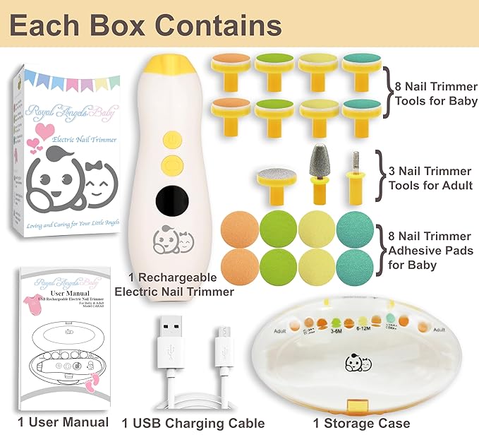 Royal Angels Rechargeable Baby Nail Trimmer 22 in 1, Safe Electric Baby Nail File 13 Replacements,