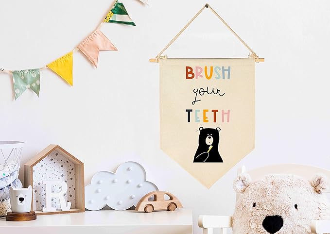 Brush Your Teeth - Bathroom Wall Decor for Kids- Bear Theme Decor- Children Learning Sign- Flag Decor Gift For Kids Boys Girls