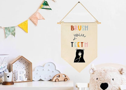 Brush Your Teeth - Bathroom Wall Decor for Kids- Bear Theme Decor- Children Learning Sign- Flag Decor Gift For Kids Boys Girls