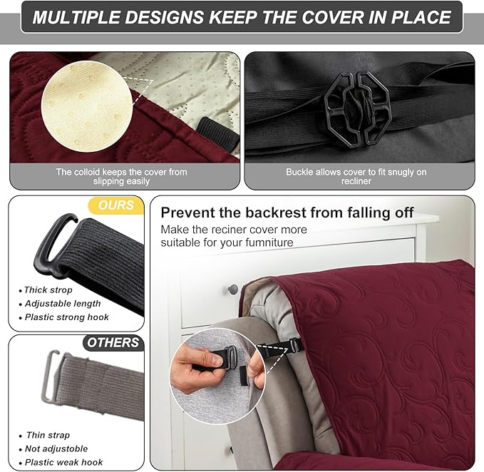 100% Waterproof Recliner Chair Cover, Recliner Chair Covers for Reclining Chair, Non-Slip Fabric Recliner Couch Cover for Living Room, for Pets Kids Protector, Washable (Wine Red, 23"Recliner Chair)