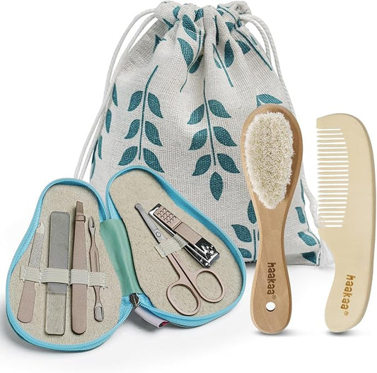 haakaa Baby Hair Brush and Comb Set & Pear-FECT Manicure Kit for Newborns & Toddlers, Natural Soft Goat Bristles and Wooden Handle, Baby Healthcare and Grooming Kit, Baby Nail Clippers, Mint Green