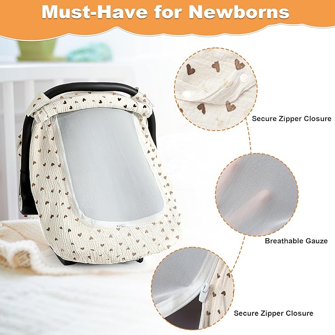 Muslin Cotton Car Seat Cover Baby, Universal Fit Carseat Cover for Baby, Infant Car Seat Cover with Mesh Peep Window, Baby Car Seat Cover for Carrier, Stroller, High Chair, Shopping Cart (Heart)