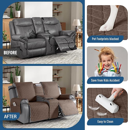 TAOCOCO 100% Waterproof Recliner Cover -Loveseat Recliner Cover with Center Console,Non-Slip Reclining Couch Covers for 2 Seat,with Elastic Straps Pocket for Kids, Dogs, Pets (Brown, 2 Seater XL)