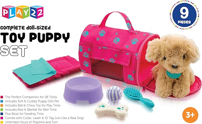 Play22 Plush Puppy Doll Set for Kids 9 PCS - Baby Doll Accessories 4 Year 18" Dolls,