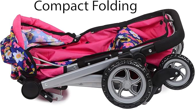 Fash N Kolor | Foldable Pram for Baby Doll with Flower Design with Swiveling Wheel Adjustable Handle Bassinet Stroller with Baby Doll, Convertible Seat