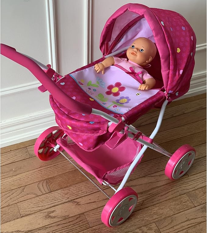 509 Crew Garden Pram N Doll Set - 14" Baby Doll & Folding Pram Set, Kids Pretend Play 3+