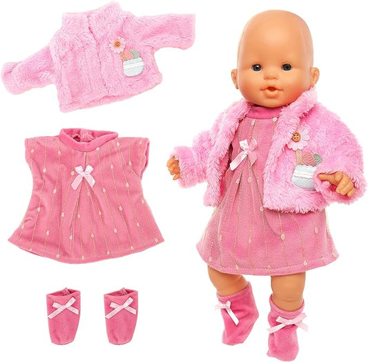 ENOCHT 3 Pieces Baby Doll Clothes Pink Dress with Coat 14-18 Inch 15 Inch