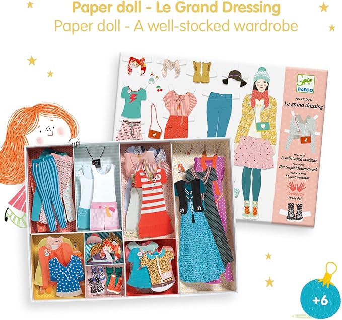 DJECO Paper Doll Fashion Dressing Room - Dress Up Dolls, Endless Outfits for Home, School or Gifts - Fun & Creative for Family & Friends - Playful, Educational Art Toys for Girls, Kids