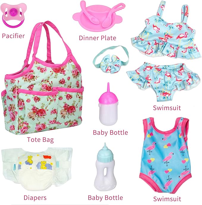 UNICORN ELEMENT 8 Pcs Baby Doll Clothes and Accessories, Baby Doll Feeding and Caring Set with Baby Doll Diaper Bag