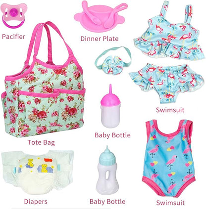 UNICORN ELEMENT 8 Pcs Baby Doll Clothes and Accessories, Baby Doll Feeding and Caring Set with Baby Doll Diaper Bag