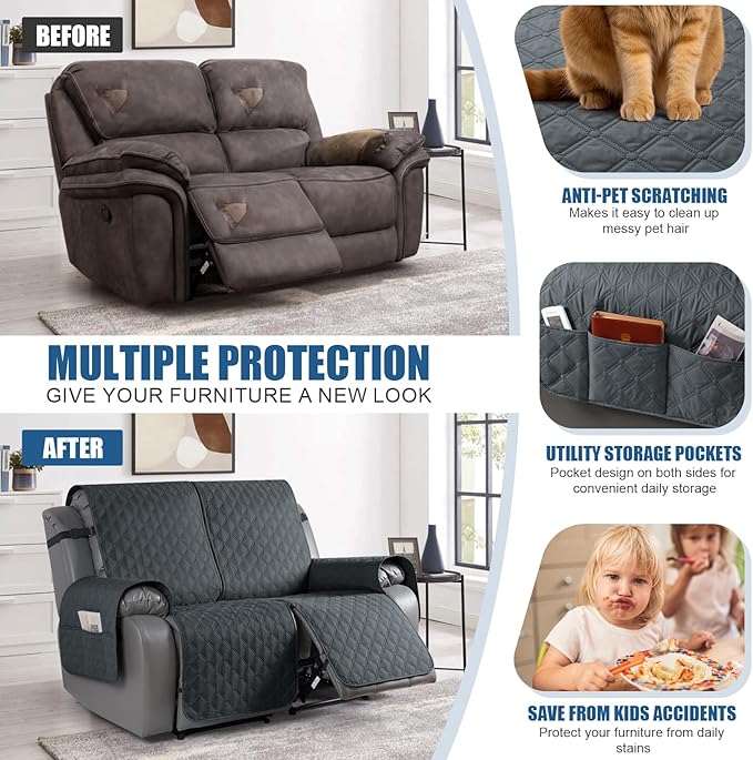 TAOCOCO 100% Waterproof Recliner Covers, Recliner Sofa Covers with Leg Straps, Reversible Recliner Couch Cover for Reclining Chair, Washable Couch Protector for Pets Kids(2 Seater, Dark Gray)