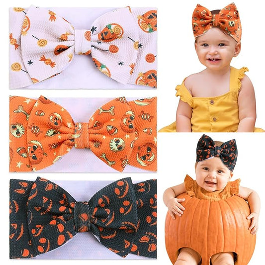 3pcs Halloween Baby Headbands, Trick or Treat Pumpkin Hair Bows