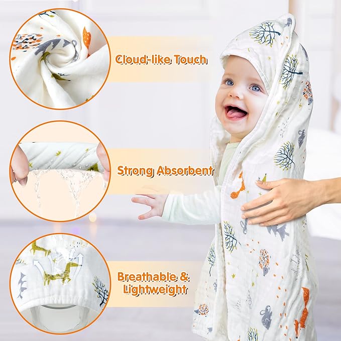 Zainpe 4Pcs Muslin Baby Hooded Towel & Washcloth Set Fox 31.5 x 31.5 in
