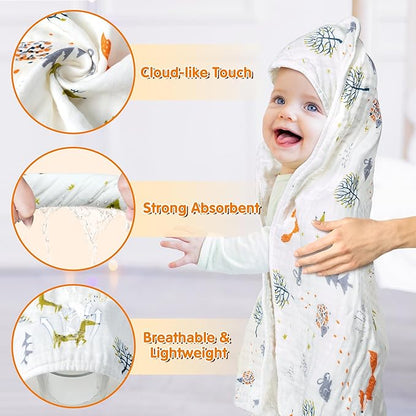 Zainpe 4Pcs Muslin Baby Hooded Towel & Washcloth Set Fox 31.5 x 31.5 in