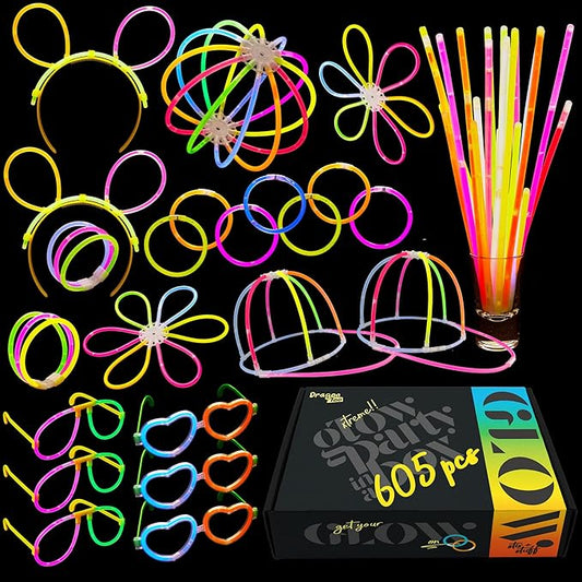 Dragon Too Glow in The Dark Party Supplies - 605 Pieces - Includes Connectors to Create Necklaces, Bracelets, Glasses, Heart Glasses, Hats, Headbands, Balls, Flowers - Glow in The Dark Party Favors