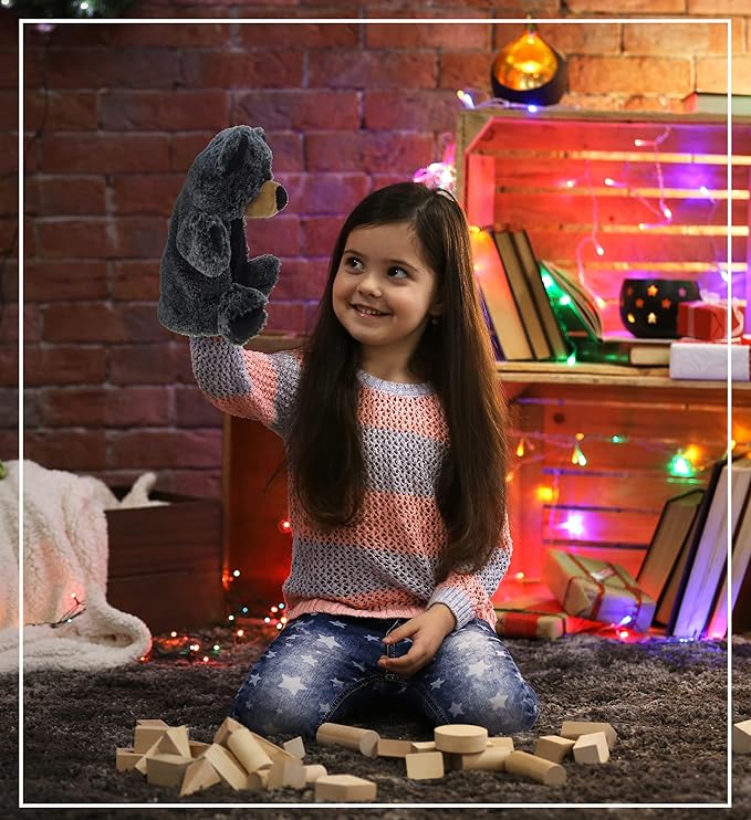 DolliBu Black Bear Plush Hand Puppet for Kids - Soft Plush Stuffed Animal Hand Puppet Toy, Puppet Show Games Puppet Theaters for Kids