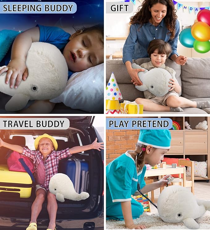 DolliBu Plush Whale Stuffed Animal - Soft Huggable White Whale, Adorable Playtime Whale Plush Toy 13 Inches
