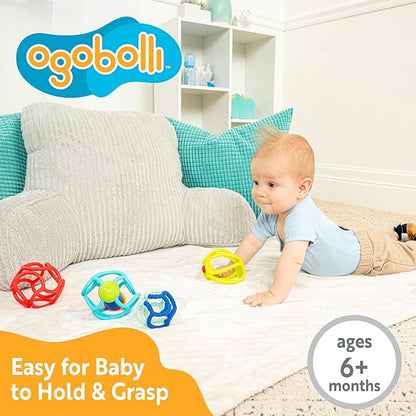 OgoBolli Teether Ring Tactile Sensory Ball and Baby Rattle Toy for Babies & Toddlers - Stretchy, Squishy 6+ Months