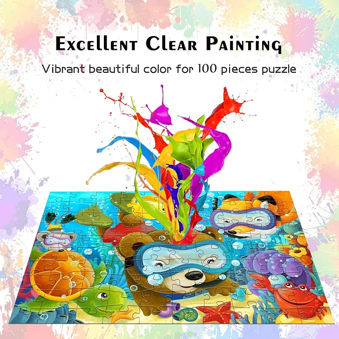 HUADADA Jigsaw Puzzles for Kids 100 Pieces, Diving Animals Floor Toys Montessori Games Learning Education Activities Birthday Gifts for Toddlers Boys Girls Ages 4 5 6+ Years Old (15"x10") 1:1 Poster