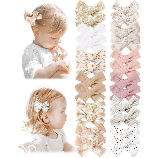 Niceye Baby Hair Clips - 24 Pcs Fully Lined Hair Bow Clips for Fine Hair Cotton Tiny Hair Barrettes for Infants, Toddlers