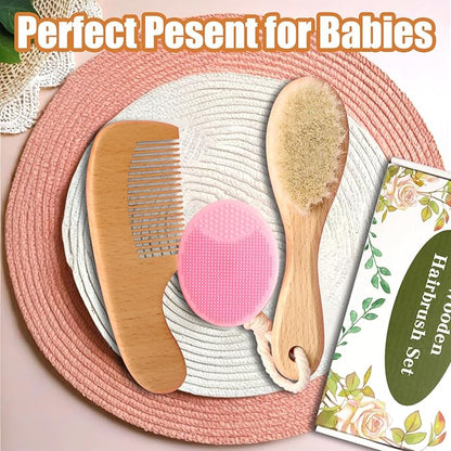 Wooden Baby Hair Brush and Comb Set, 3Pcs Natural Soft Goat Bristles Brush Cradle Cap Comb Baby Shower Scrubber Perfect Scalp Grooming Product for Newborn, Toddler, Infant (Pink)