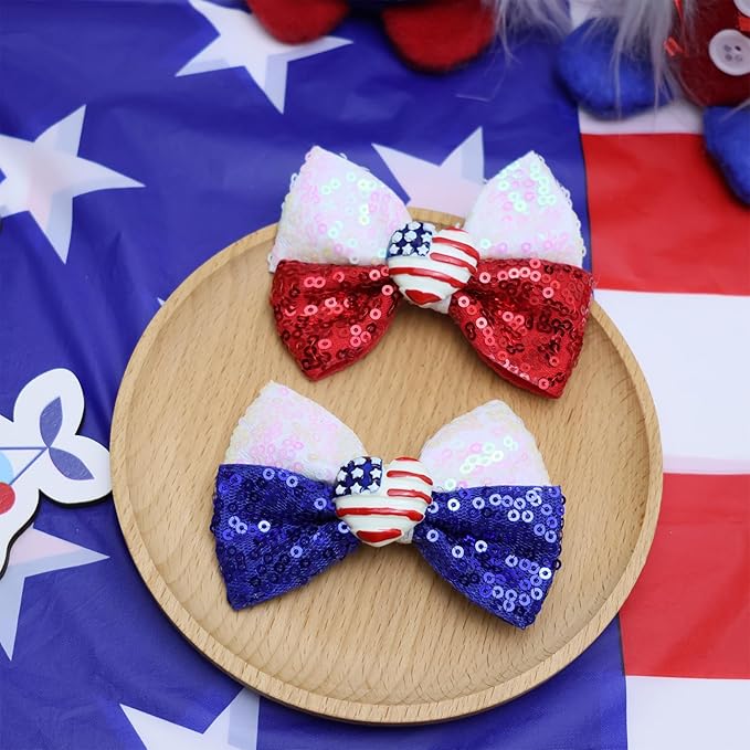 4th of July Baby Girls Hair Bows Clips Glitter Red 2Pcs