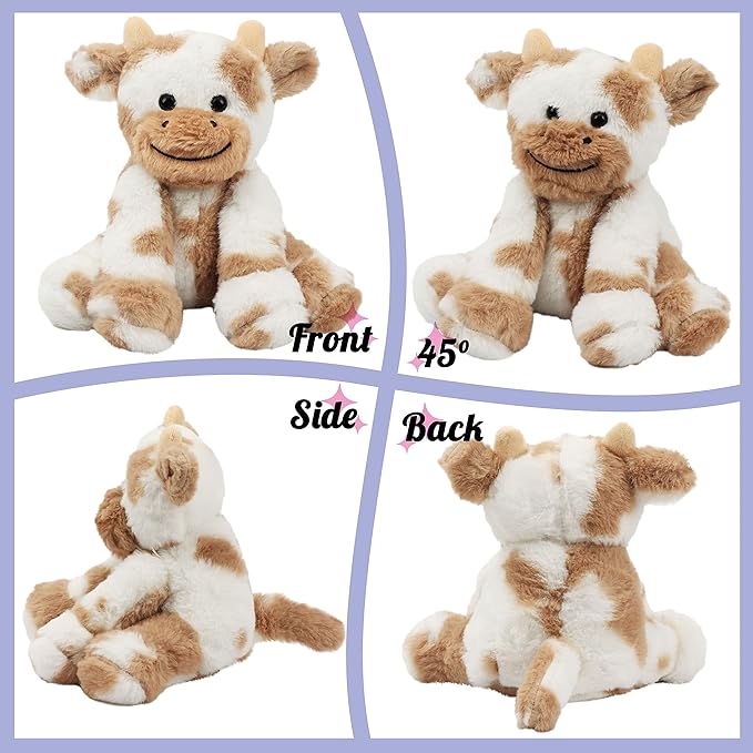 Hopearl Adorable Plush Cow Toy Floppy Dairy Cattle Soft Stuffed Animal Cute Birthday for Boys Girls Kids Toddlers, Light Brown 9''