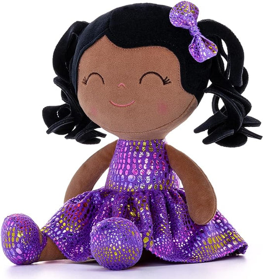 Gloveleya Soft Dolls Plush Figure Brown Skin Glitter Purple Dress 12inches