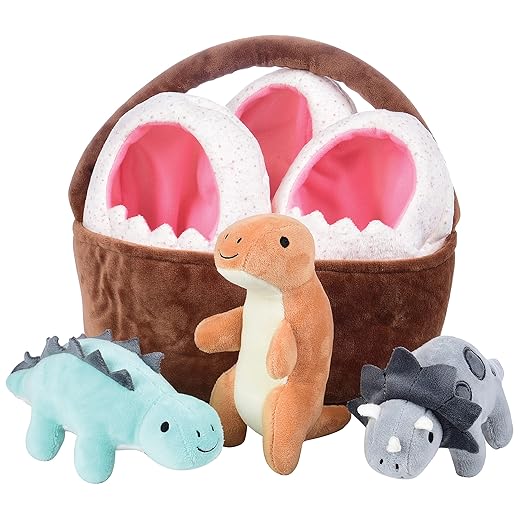 Cre8tive Minds Basket of Baby Dinosaurs, Plush Dolls 7-Piece Toddler 3 Dinos, 3 Eggs, (MTC-1017)