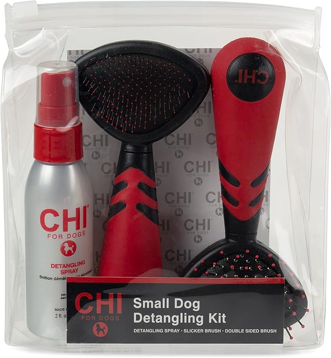 CHI for Dogs Small Dogs Detangling Kit | Small Dog Grooming Kit | 3 Pieces for Dog Grooming, Detangling Spray for Dogs, Slicker Brush, and Double-Sided Brush