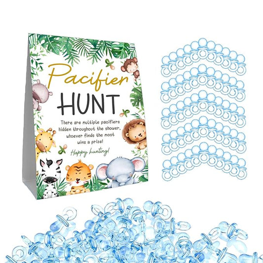 51Pcs Cute Animals Decor Baby Shower Games, Include Baby Pacifier Hunt Sign and 50 Blue Mini Pacifiers