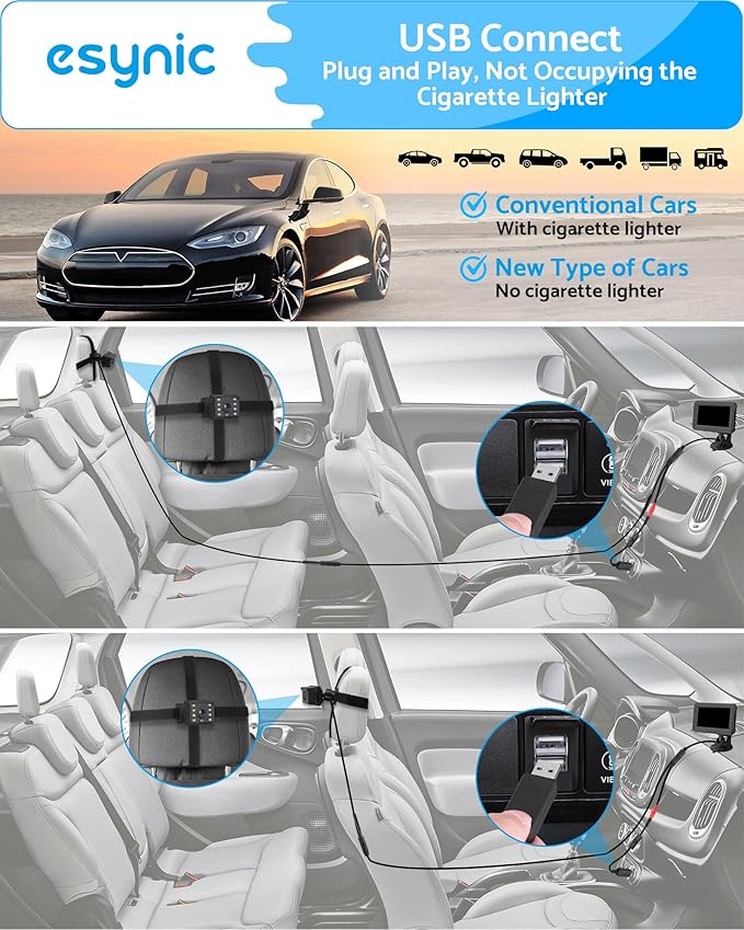 eSynic Baby Car Camera with 4.3 Inch Screen Backseat Baby Monitor 1080P HD Night Vision USB-Powered 360° Rotating Lens 150° Wide Angle 8 LEDs for Baby Car Seat Monitoring Driving Safety
