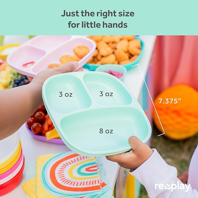 Re-Play Made in USA 7" Deep Walled Divided Plates for Kids, Set of 3 With 3 Lids - Reusable 3 Compartment Plates, Dishwasher and Microwave Safe - 7.37" x 7.37" x 1.25", Butterfly