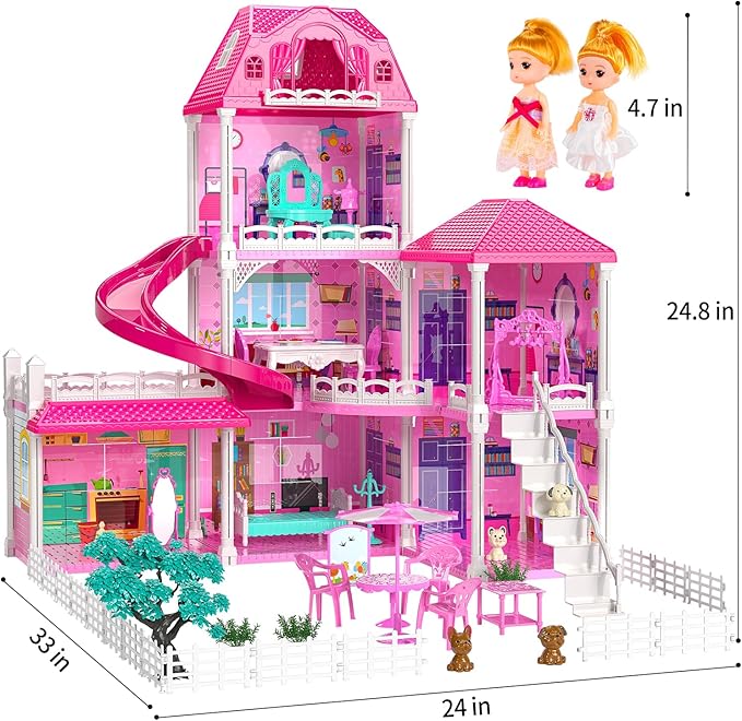 TEMI Villa Toys for 3-8 Years Old Girls - 3 Storeys 6 Rooms Indoor Playset with 2 Dolls, Furniture and Accessories, Pretend Girls Plays, Building Toys, Gifts for Kids 3-5