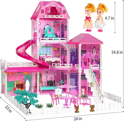 TEMI Villa Toys for 3-8 Years Old Girls - 3 Storeys 6 Rooms Indoor Playset with 2 Dolls, Furniture and Accessories, Pretend Girls Plays, Building Toys, Gifts for Kids 3-5